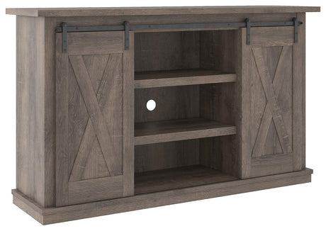 Benjara Wooden TV Stand with 2 Cross Barn Sliding Doors, Brown