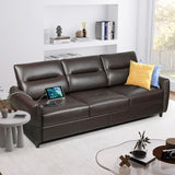 85” Faux Leather Sofa Brown Leather Couch with USB, Mid Century Modern 3 Seater