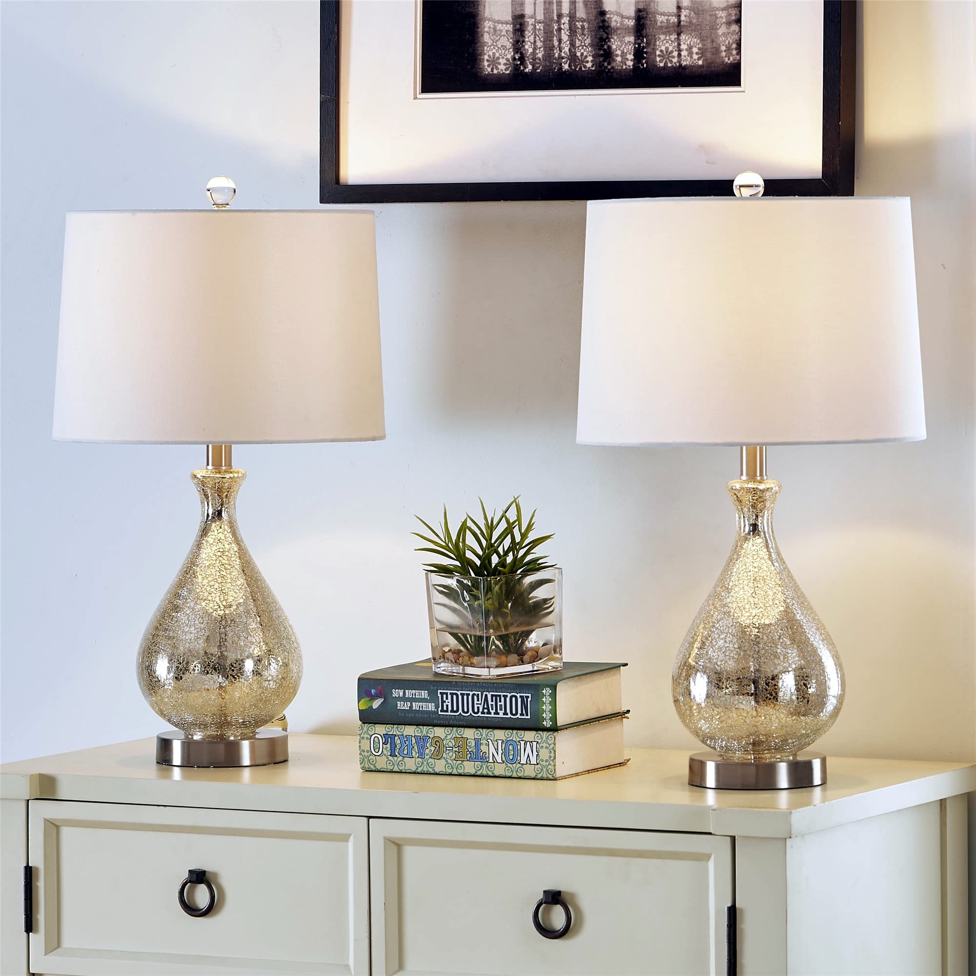 Glass Table Lamp Set of 2 for Living Room, 22.75" Nickel Bedside