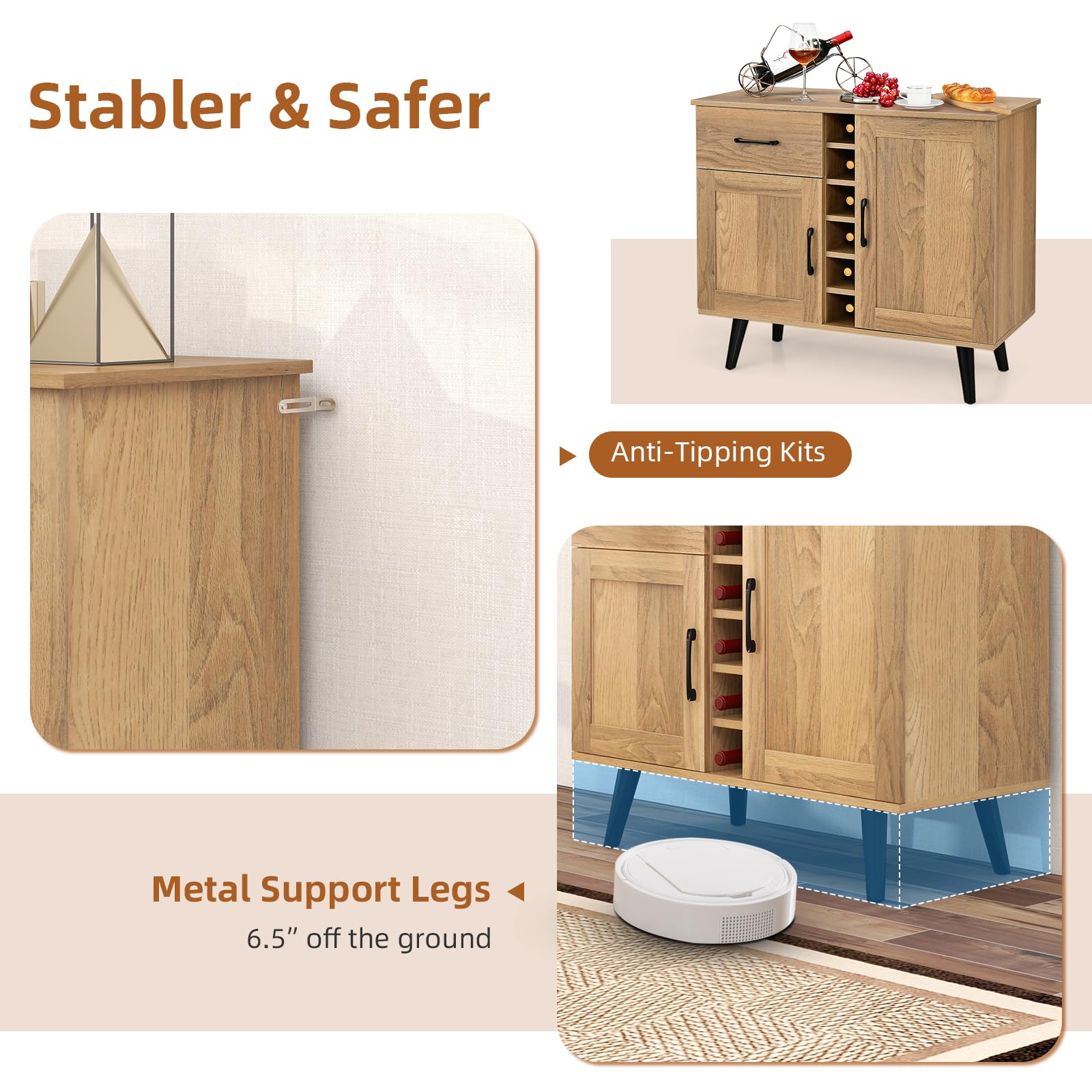Buffet Cabinet with Storage, Liquor Cabinet with 6-Bottle Wine Rack