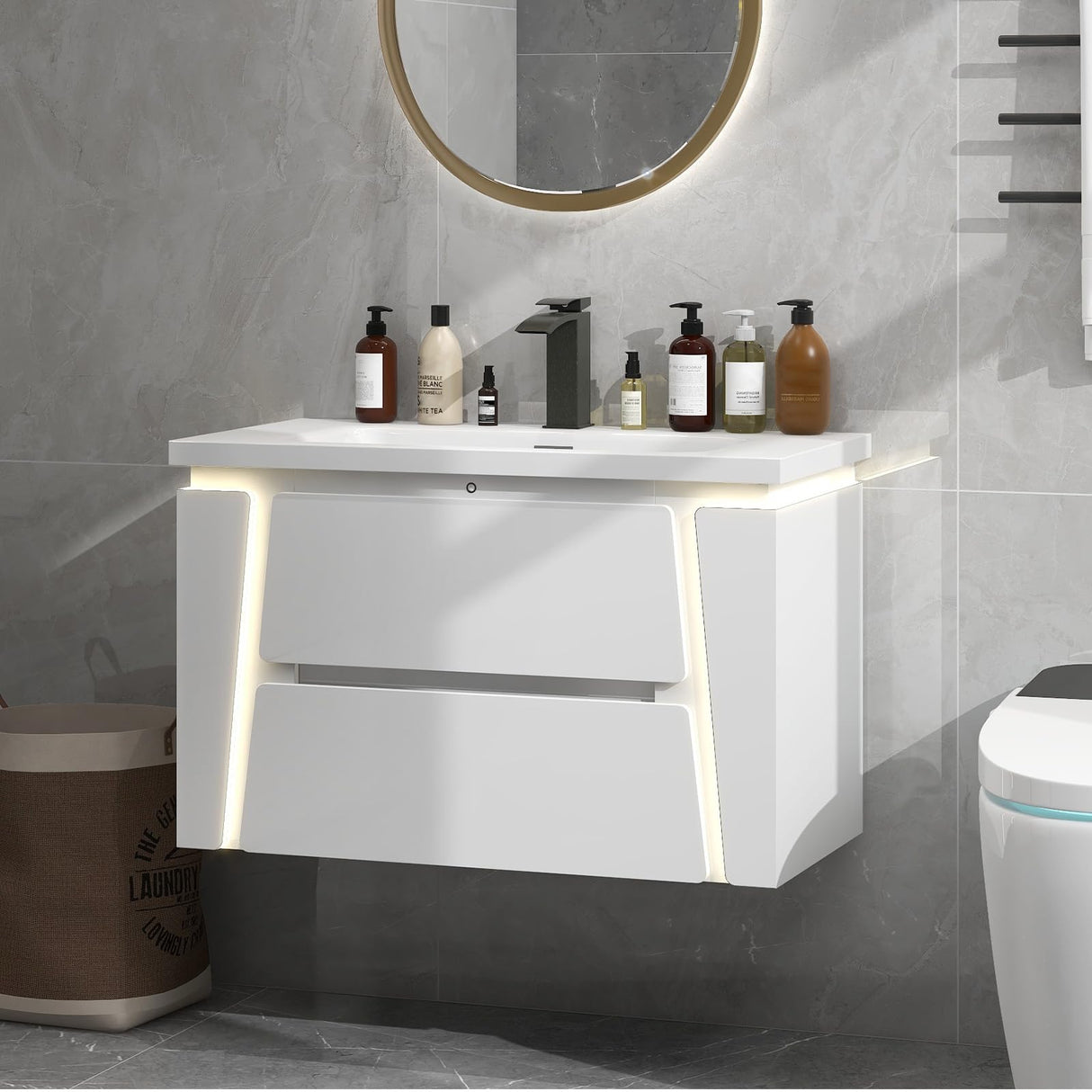 36" Bathroom Vanity with Sink Combo, Floating Bathroom Vanity with LED Light