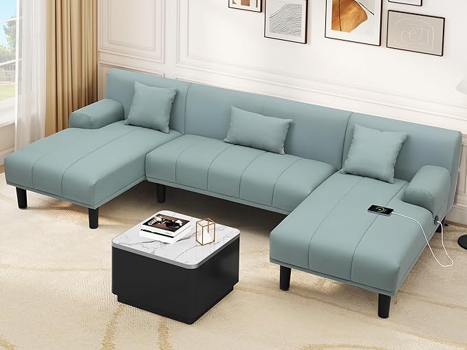 Sectional Couches for Living Room, U Shaped Sofa Faux Leather Modular Couch with USB