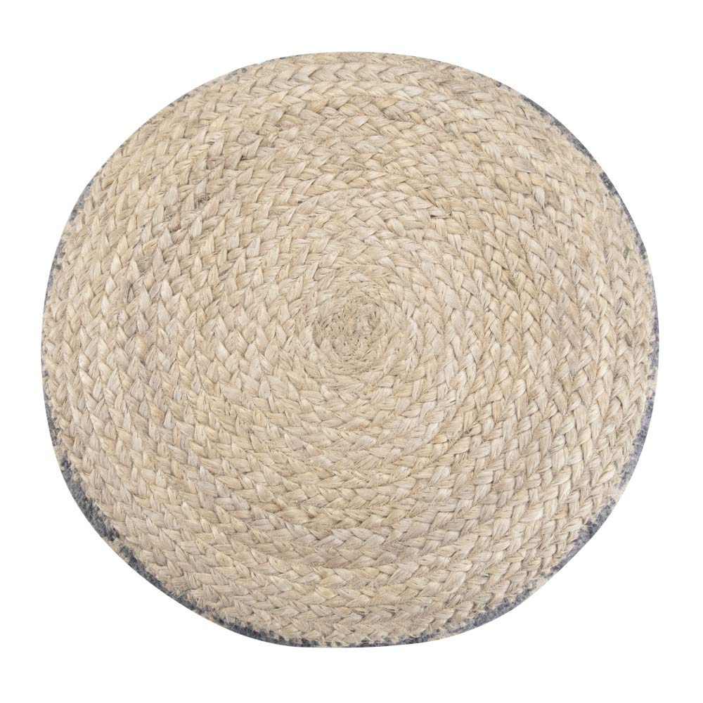 Edgeley Round Pouf, Footstool, Upholstered in Grey, Natural Woven Braided Jute