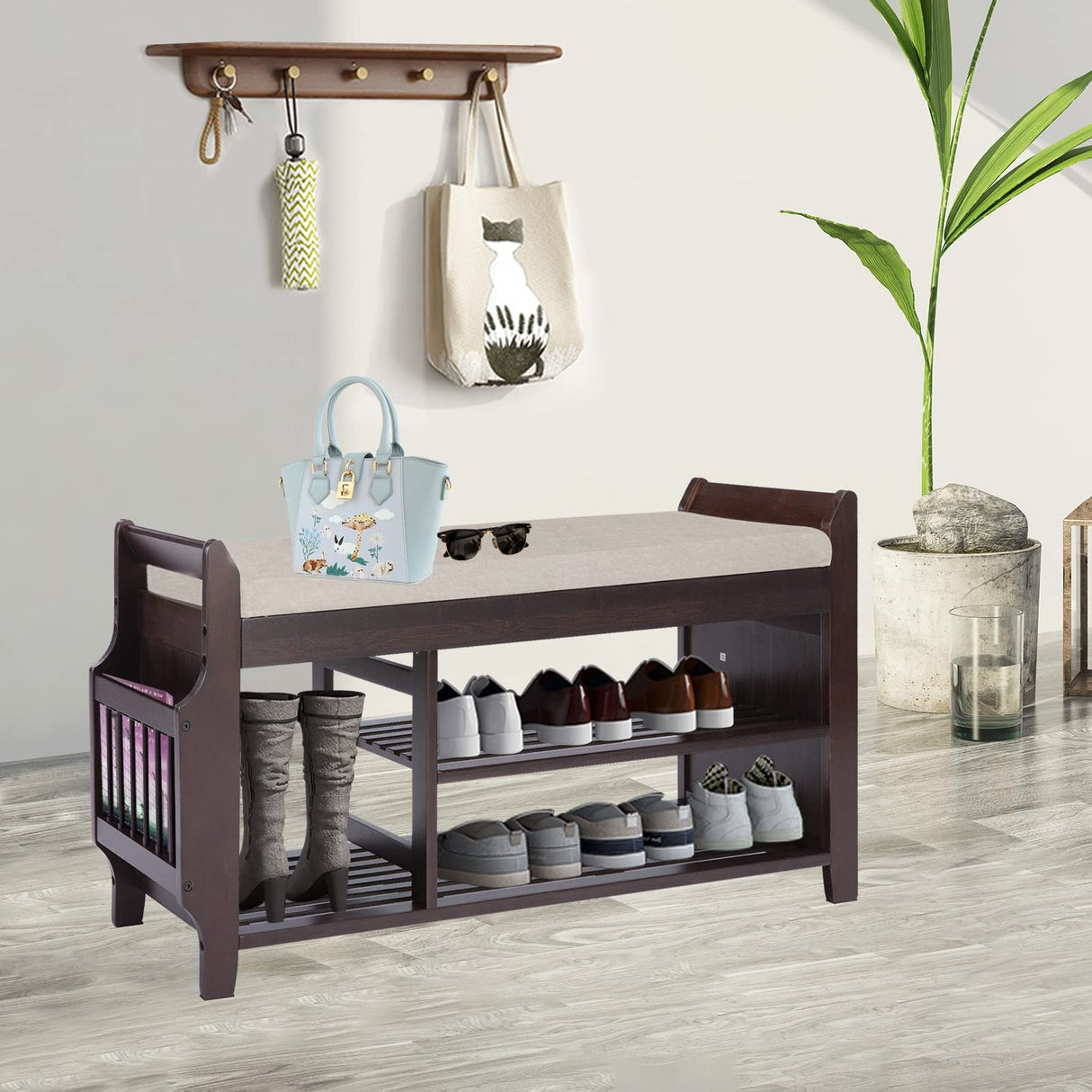 Shoe Rack Bench Entryway, Bamboo Shoe Bench with Removable Cushion