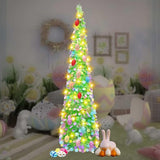 5FT Pop Up Christmas Tinsel Tree with Lights & Eggs,Artificial Easter Tree,Pop-Up Collapsible Pencil Easter Trees,Pre-lit Pencil Christmas Tree Xmas Tree for Indoor Outdoor Christmas Decorations
