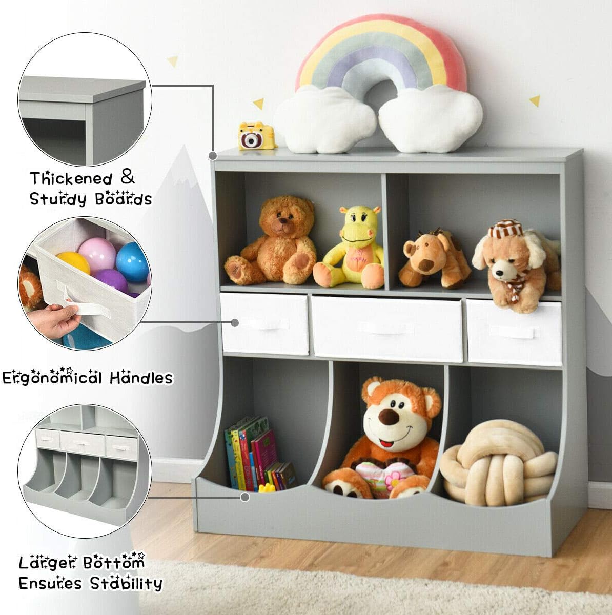 3-Tier Kids Bookcase Toddler Storage Organizer Cabinet Shelf w/ 8 Compartment