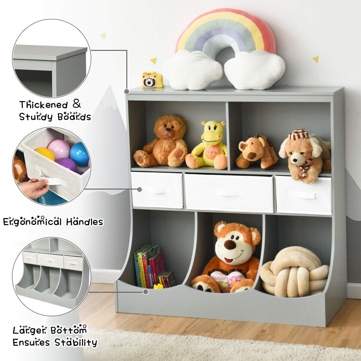 3-Tier Kids Bookcase Toddler Storage Organizer Cabinet Shelf w/ 8 Compartment