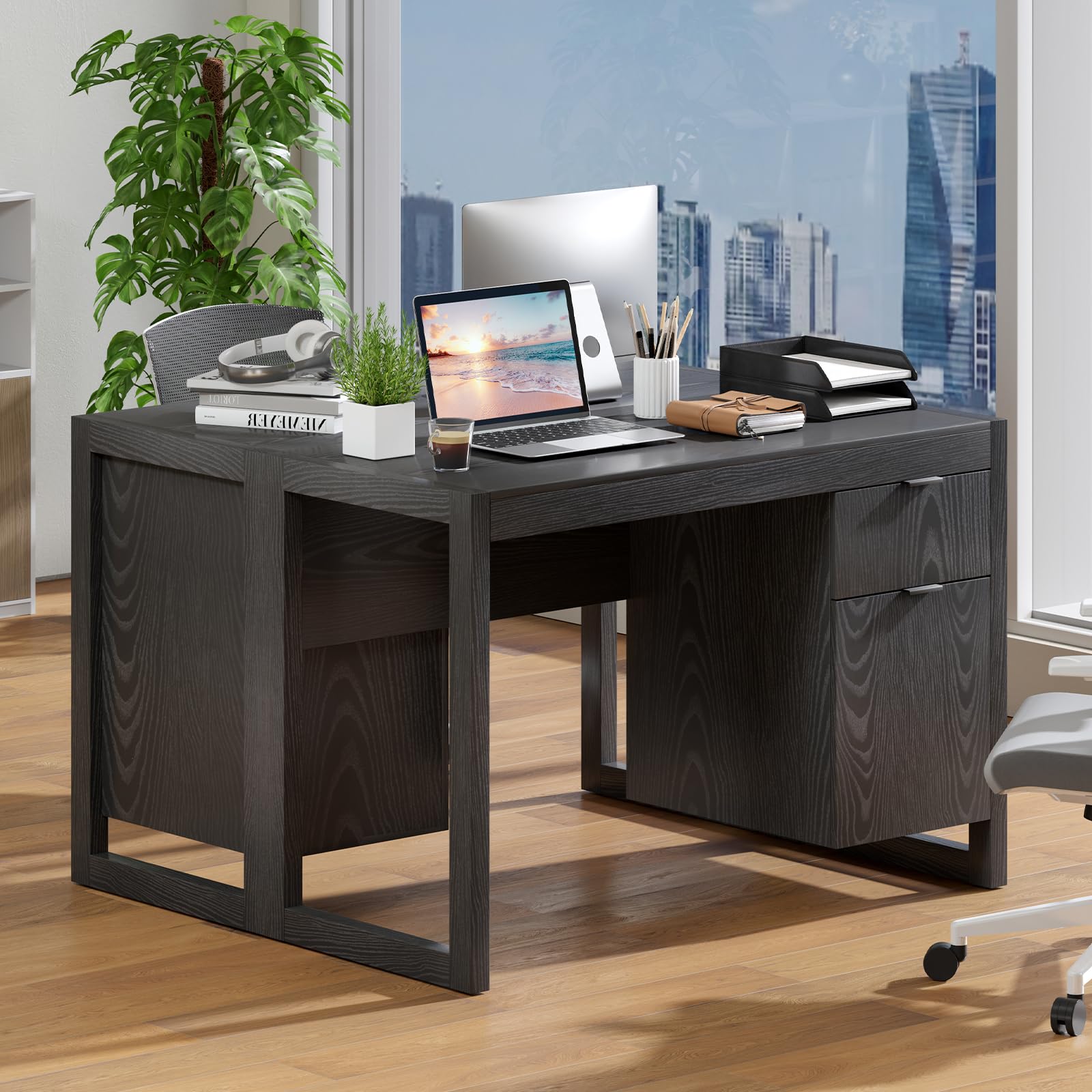 Computer Desk with Storage Cabinet & Drawer, White Wooden Home Office Desk