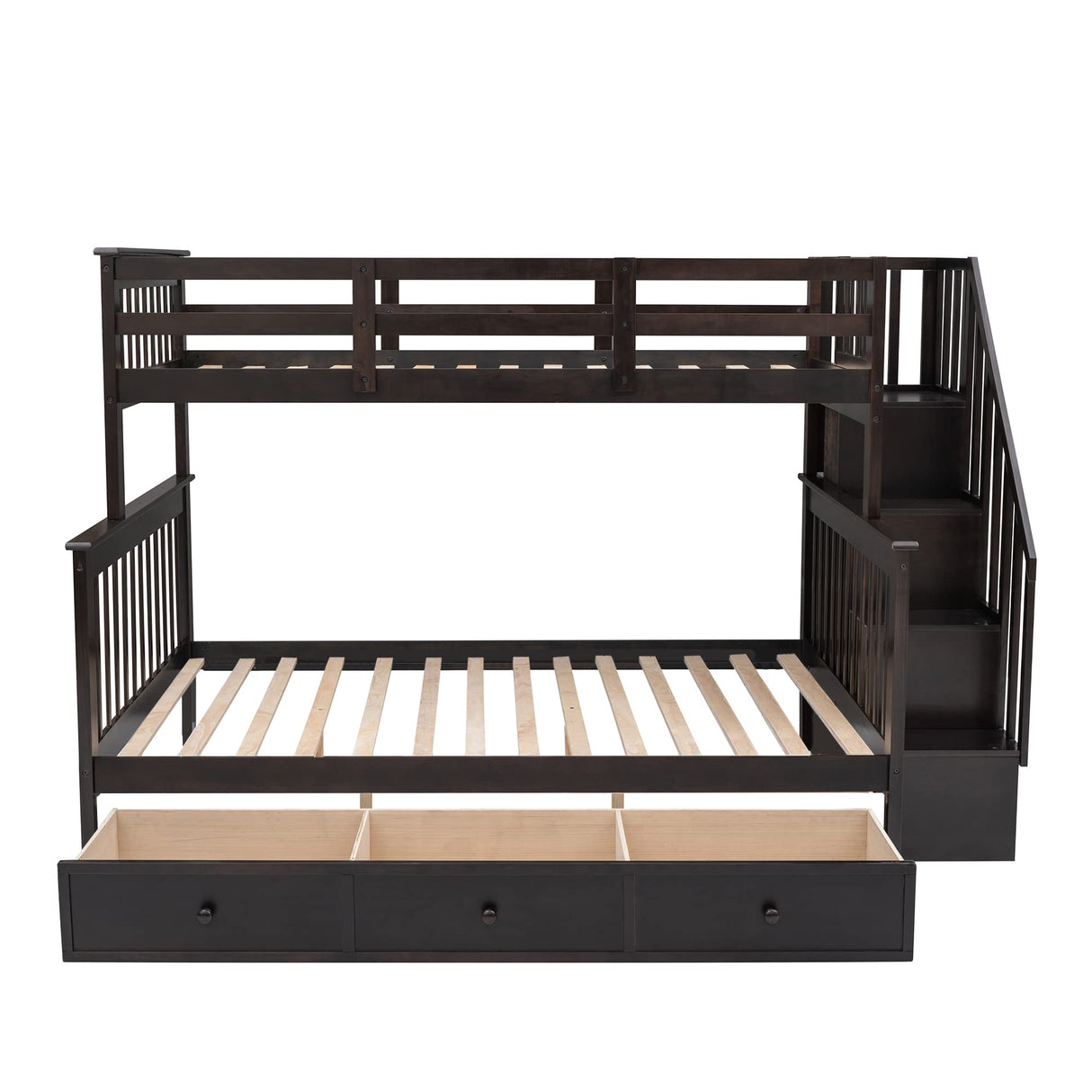 Amey Wood Twin Bunk Bed with Angled Ladder, Guardrail, Slat Kit, Brown