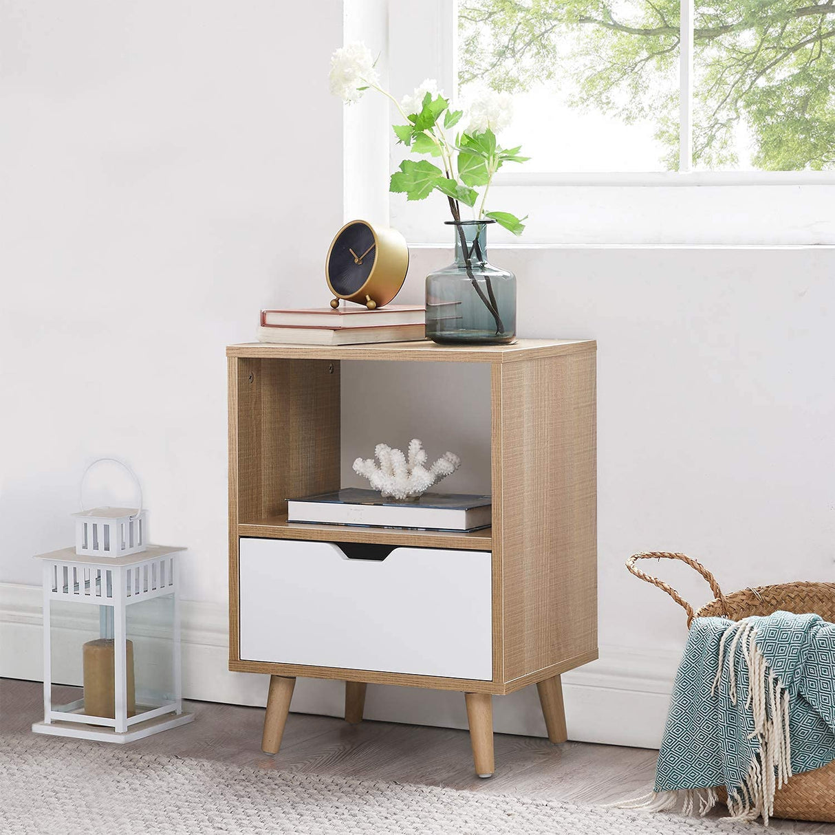 Modern Wooden Bedroom 2-Tier Nightstand End Side Table with Open Shelf