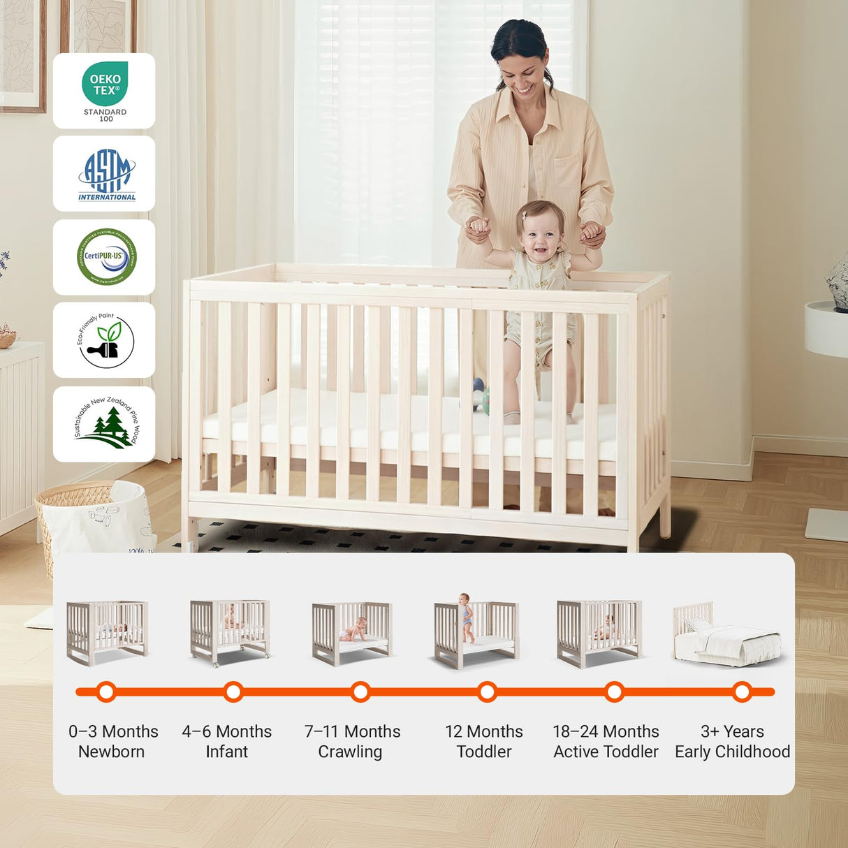 MAMAZING EvoNest Baby Crib, 6 in 1 Convertible Mini Crib with Wheels, 100% New Zealand Pinewood Growing Bed, 4 Adjustable Mattress Heights,Walnut Brown (Washed Natural)