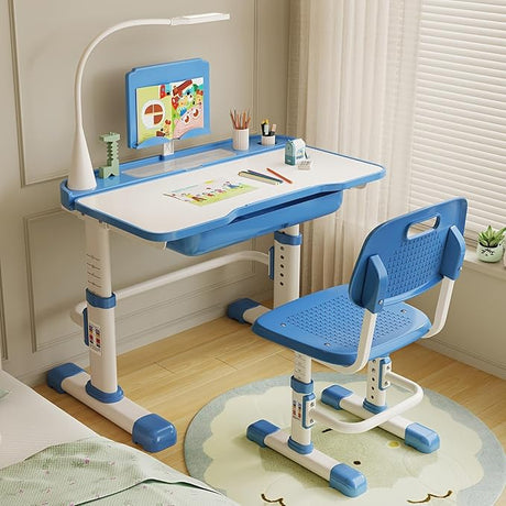 Kids Desk and Chair Set, Height Adjustable Children Bedroom Study Desk with Tilt Desktop