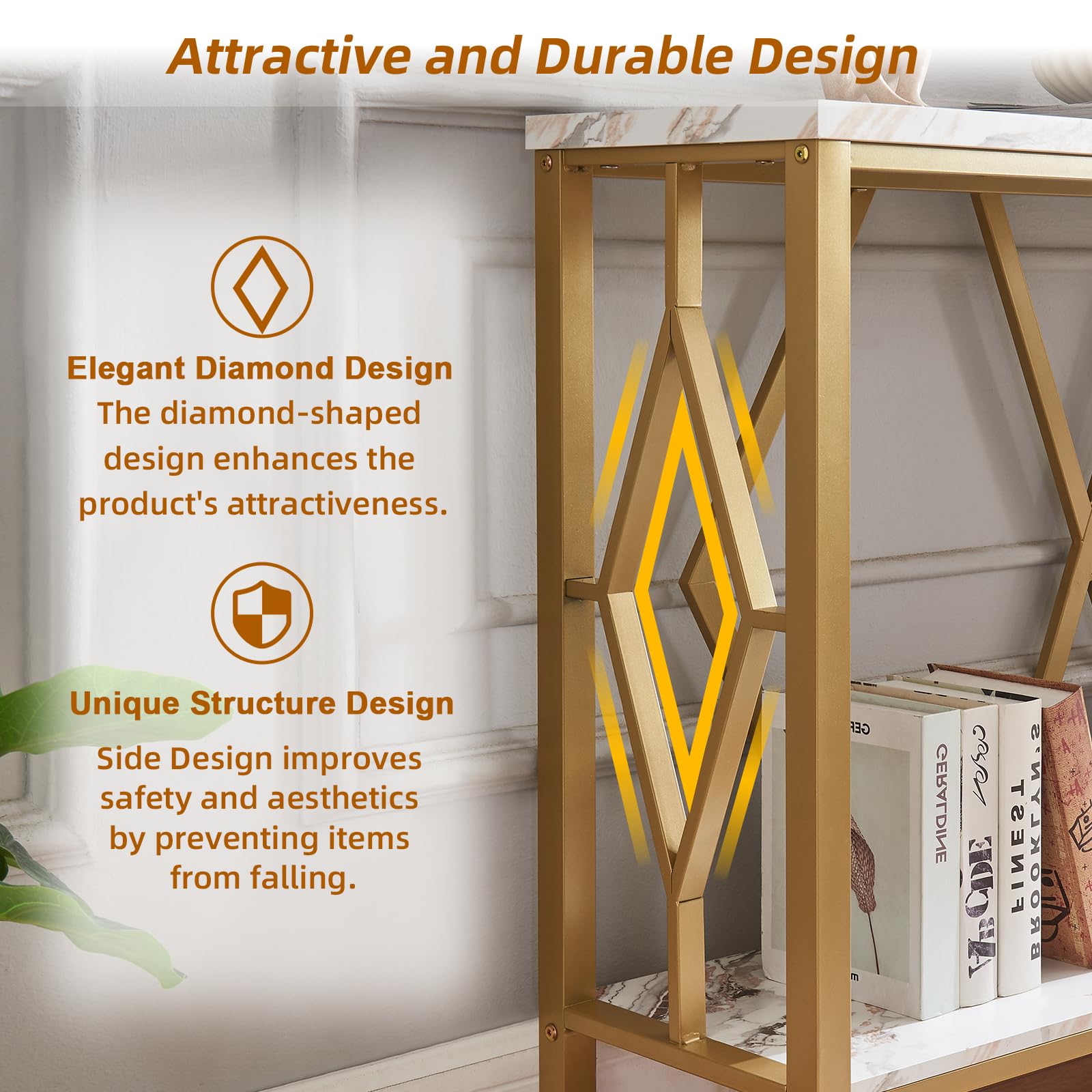 Gold Entryway Console Table with Faux Marble Top - 55 Inch Modern Sofa Table