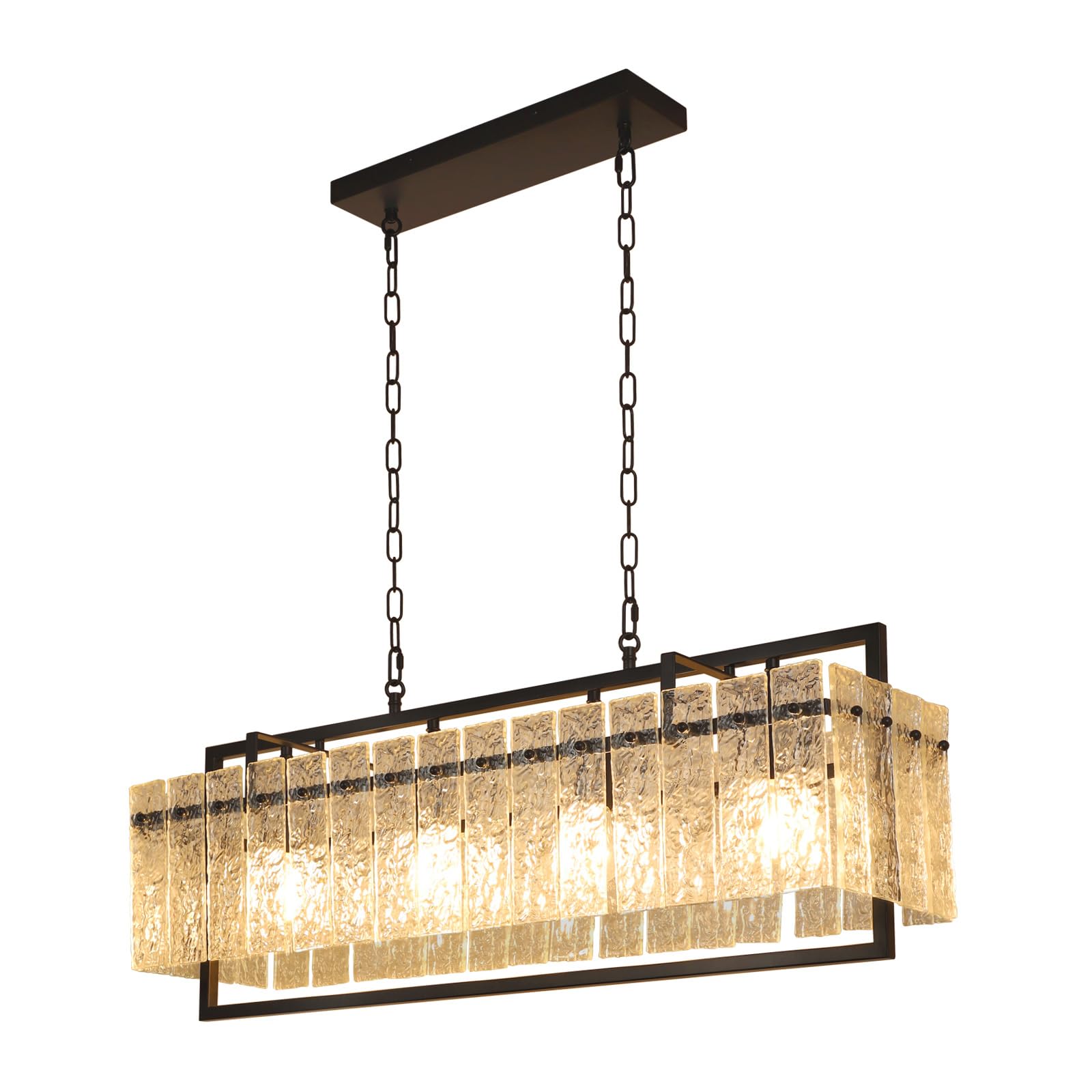 Modern Rectangular Crystal Chandelier, 4-Light Black Linear Farmhouse Lighting, 34”