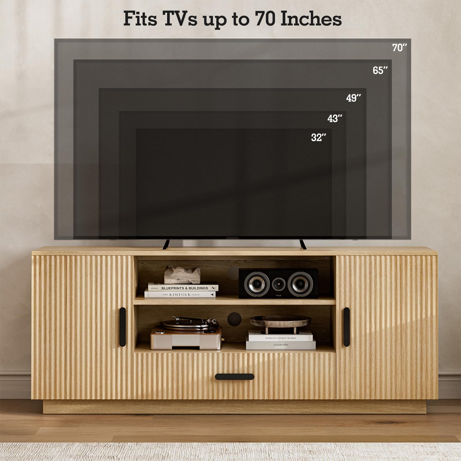 Modern Fluted TV Stand for 55-70 Inch TVs with Storage
