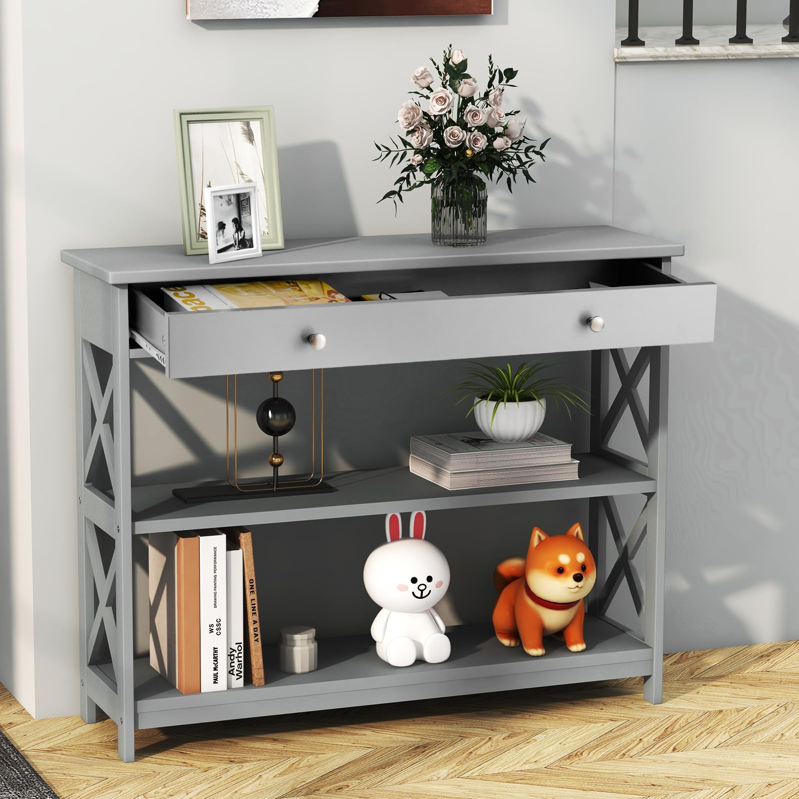3-Tier Console Table, Wooden Sofa Tables Narrow Long with Large Drawer & 2 Open