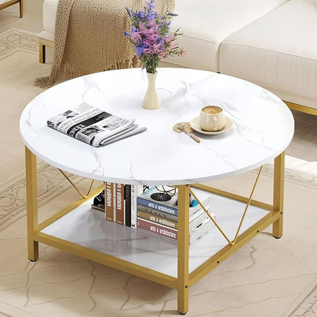 Round Coffee Table, Coffee Tables for Living Room, Small Coffee Table, 2 Tier Marble Circle Table with Open Storage Shelf,