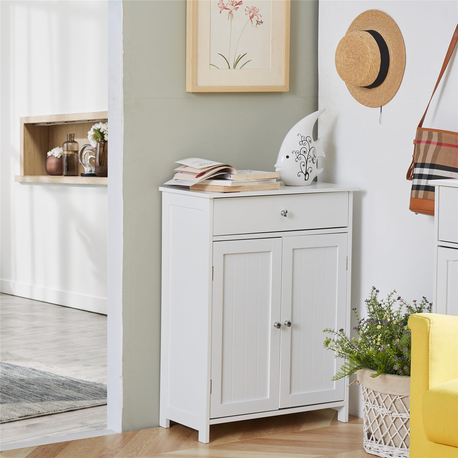 Storage Cabinet with Drawer,White Floor Bathroom Cabinets with Doors and Adjustable Shelf,