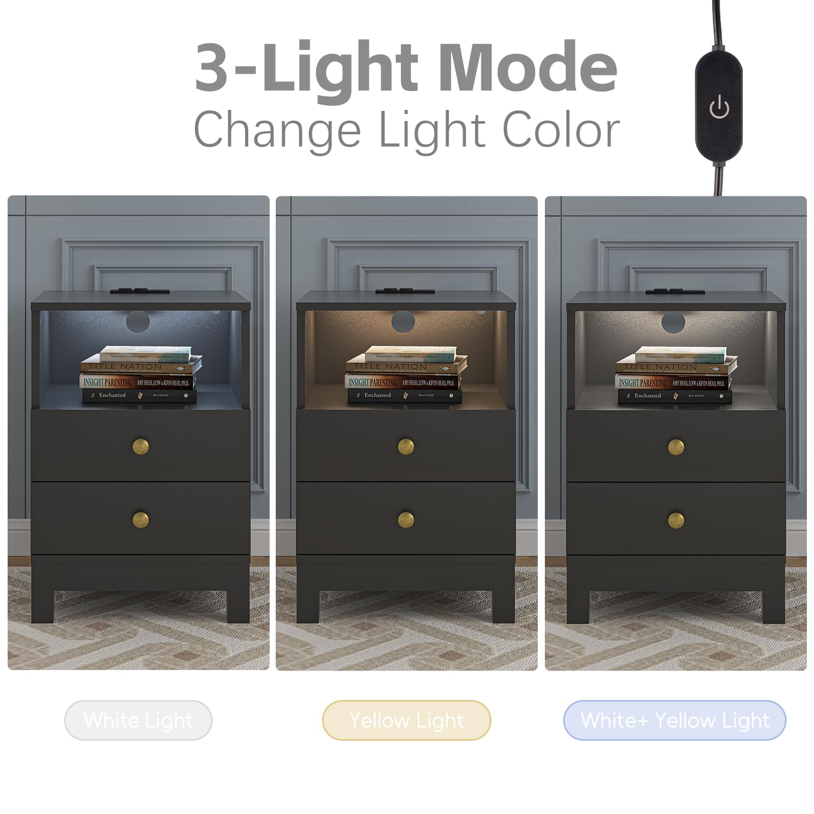 with Charging Station, Bedside Table with USB & Type-C Port, Modern End Table