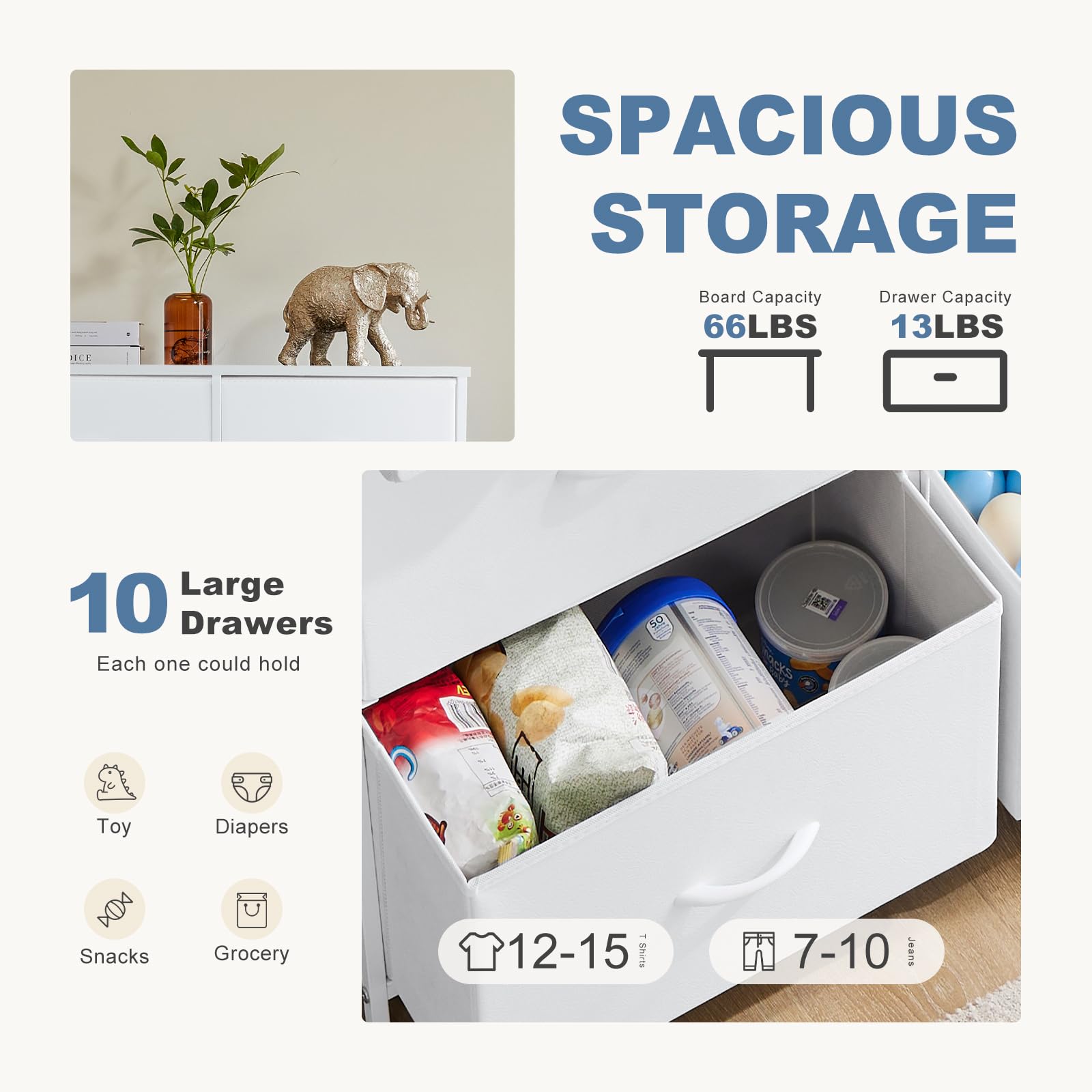 Dresser for Bedroom Storage Tower, Chest Fabric Bins Sturdy Metal Frame Wood Tabletop