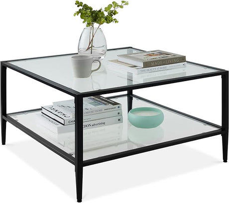 32” Square Glass Coffee Table, Large 2-Tier Accent Furniture for Living Room