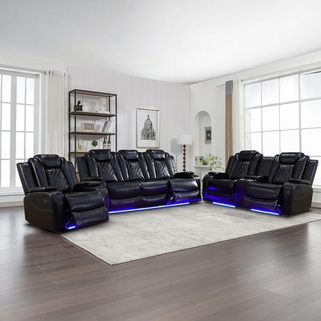 Leather Recliner Sofa Set with LED Lights,Power Reclining Sofa and Loveseat Set