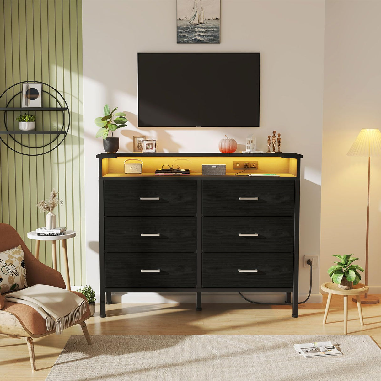 Black Dresser with LED Light for Bedroom 6 Drawer Dresser with Charging