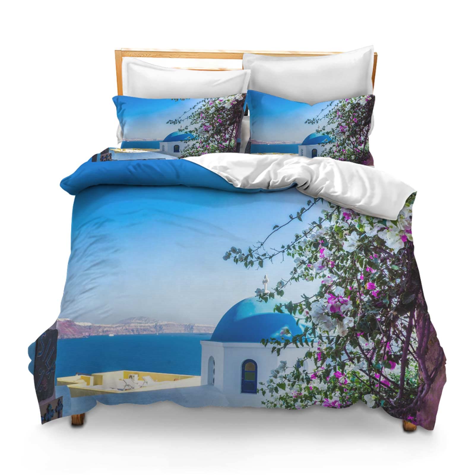 Printed Comforter Cover Set Twin Santorini Ia Architecture Greece Blue White