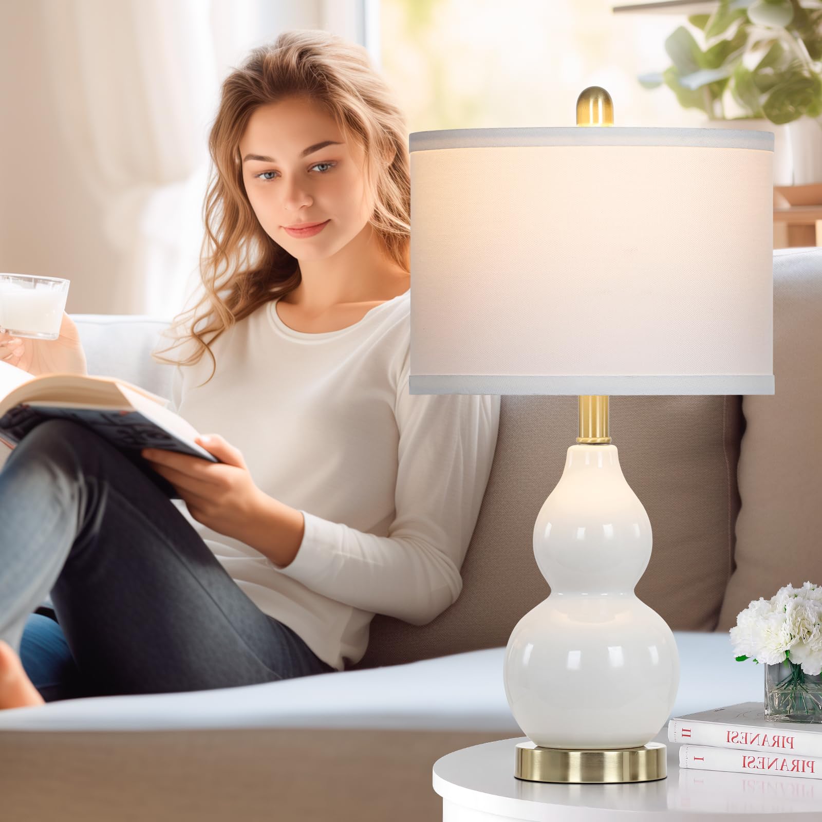 Double Gourd Ceramic Table Lamps Set of 2, Modern White Bedside Lamps for Night Stand