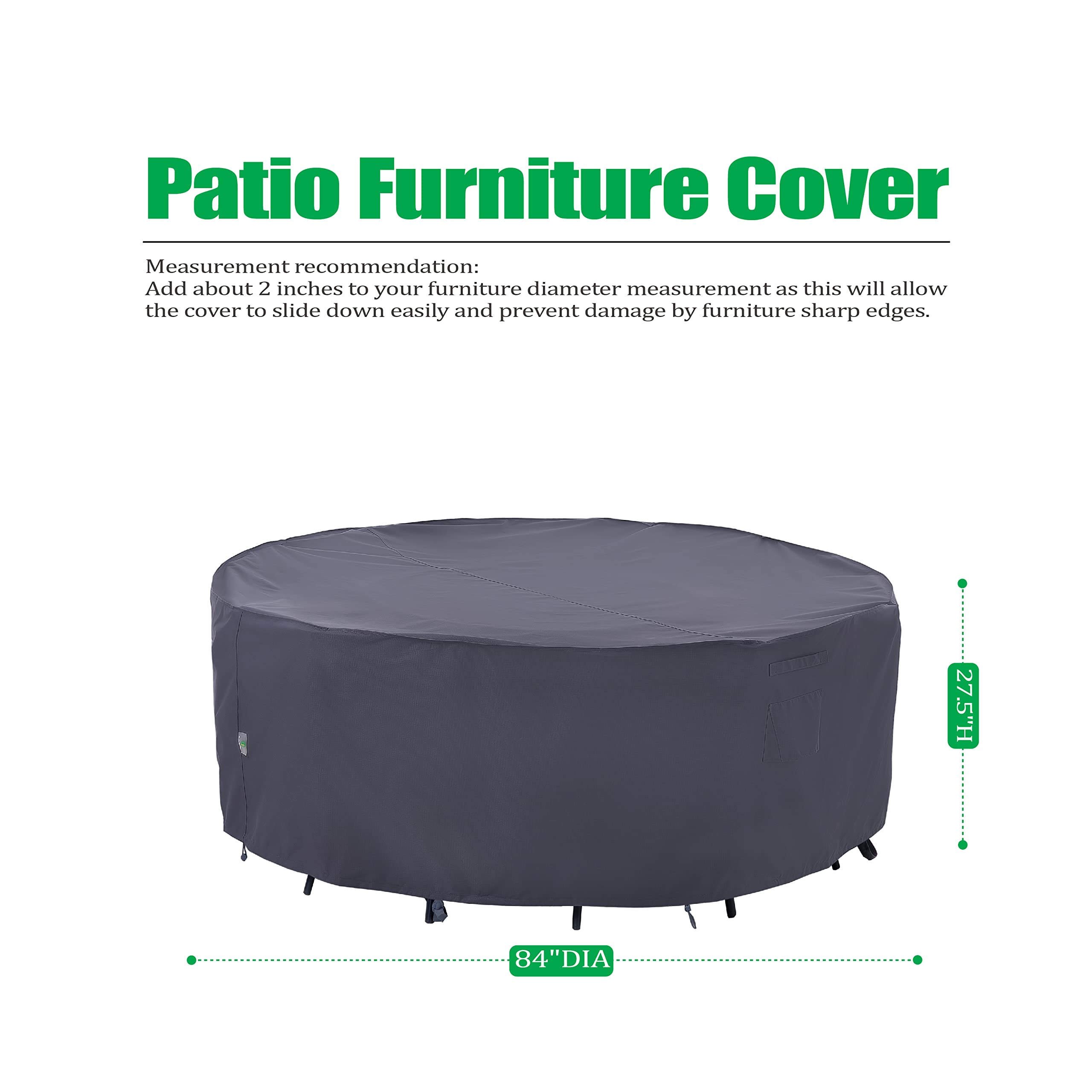 Outdoor Patio Furniture Covers, Waterproof UV Resistant Anti-Fading Cover for Large Round Table Chairs Set, Grey, 84 inch Diameter