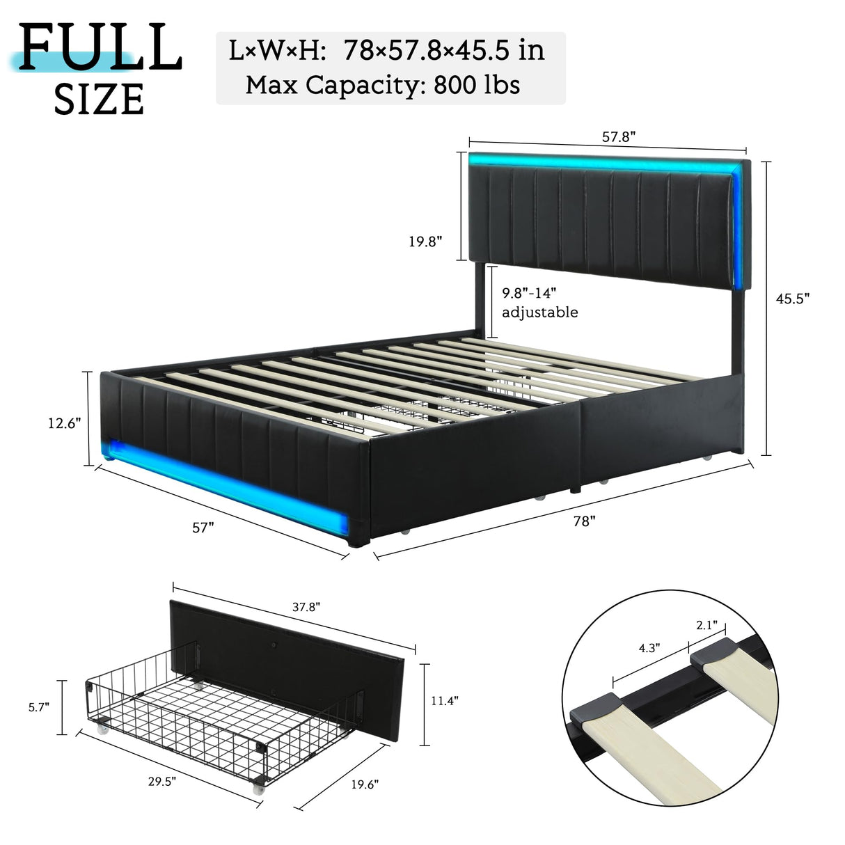 Full Size Bed Frame with Headboard, Platform Bed Frame with LED Lights&4 Storage