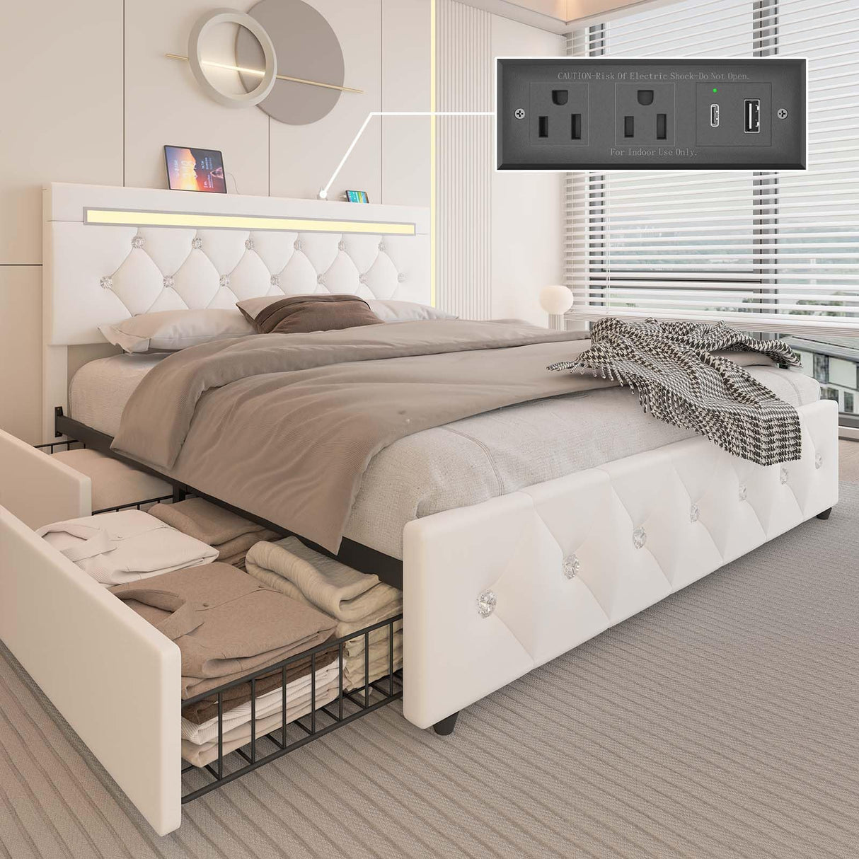 Full Size Bed Frame with 4 Storage Drawers and LED Light