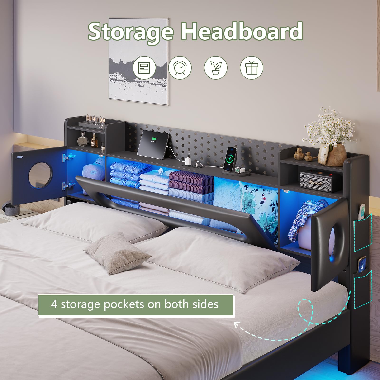 King Floating Bed Frame with LED Lights & Storage Headboard