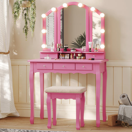 Tri-Fold Mirror and Lights, Makeup Vanity with Wood Upholstered Stool, Vanity Table