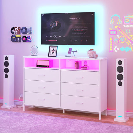 bedroom, White Bedroom Dresser with LED Lights and Charging Station, 6 Long Drawers