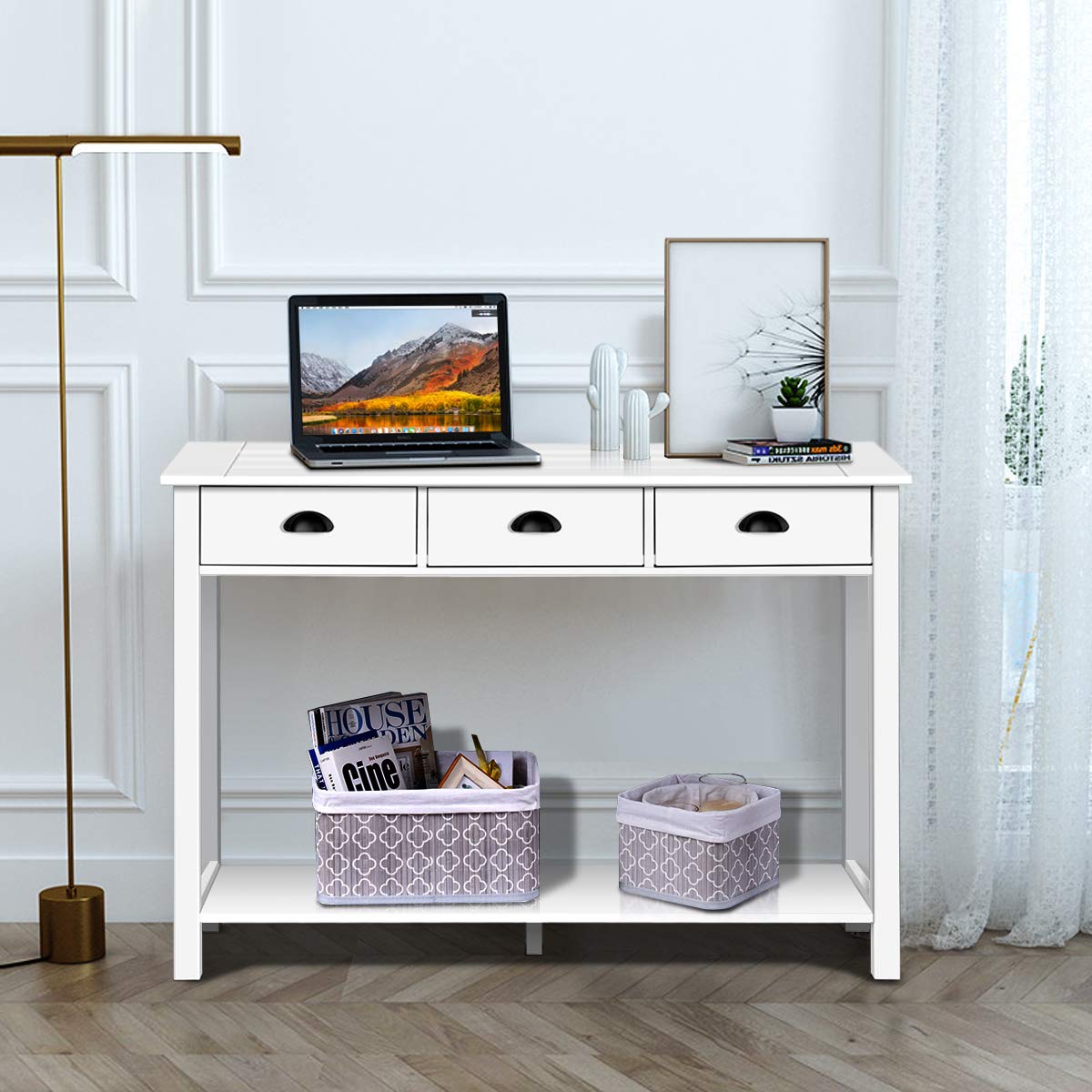 Console Table with 3 Drawers, Sofa Side Table with Shelf