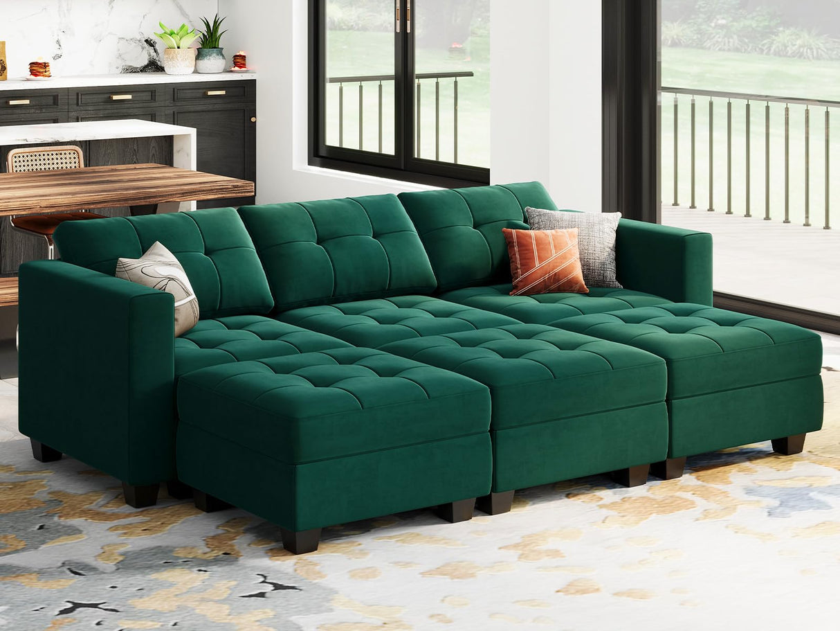 Modular Sectional Sleeper Sofa with Storage Velvet Fabric Sectional Couch with Chaise