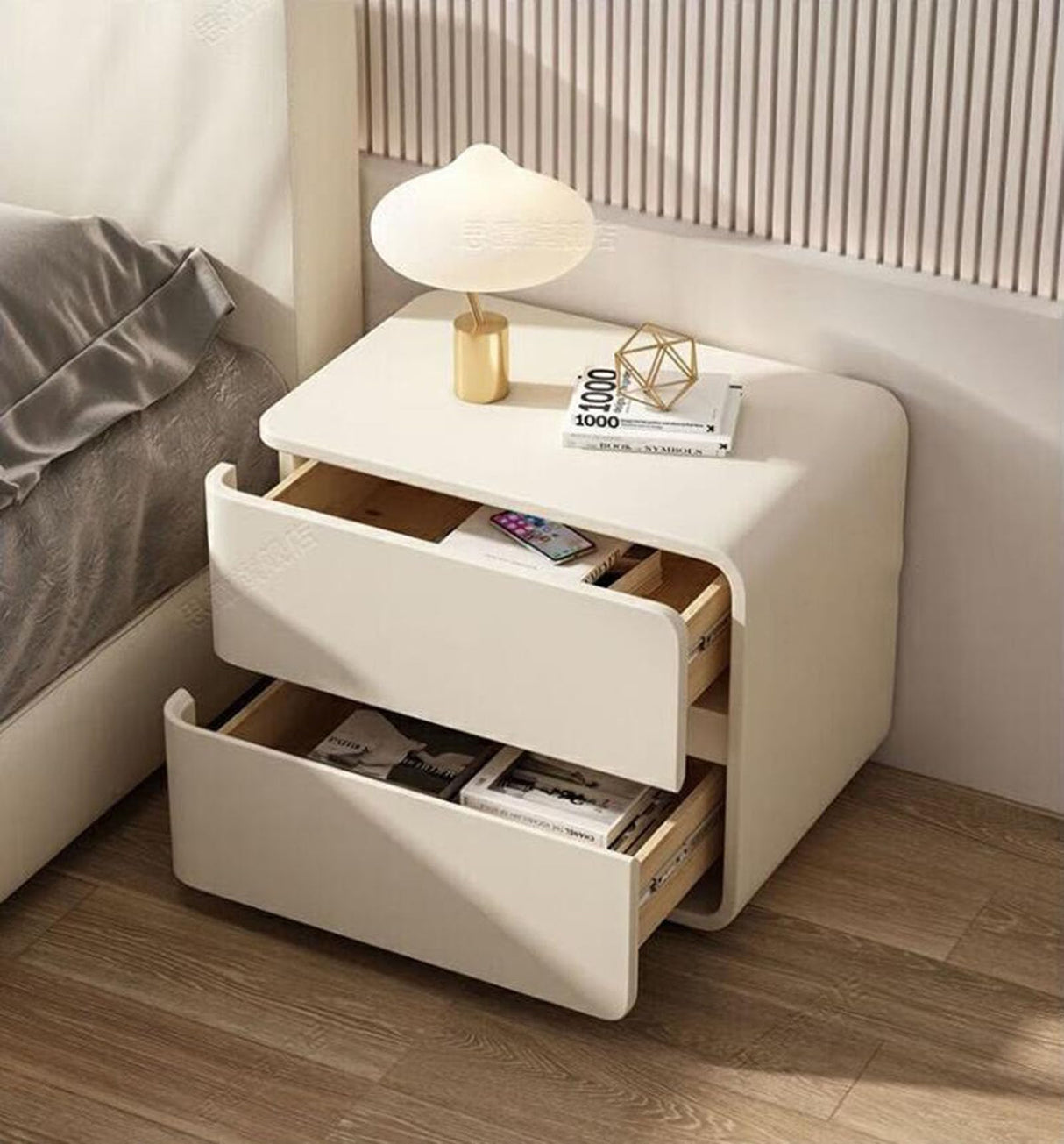 Modern Leather Bedside Table, Solid Wood Bedroom Feel, Safety Free, Fully Furnished