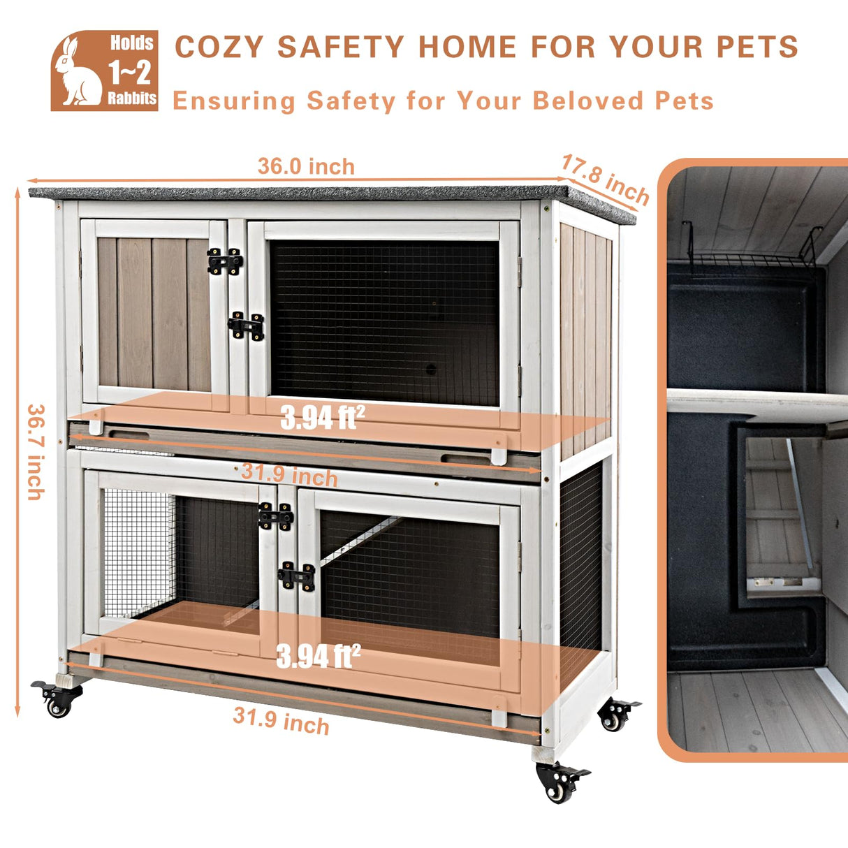 36"L Rabbit Hutch Indoor Wooden 2 Story Bunny Hutch Rabbit Cage Outdoor Bunny Cage