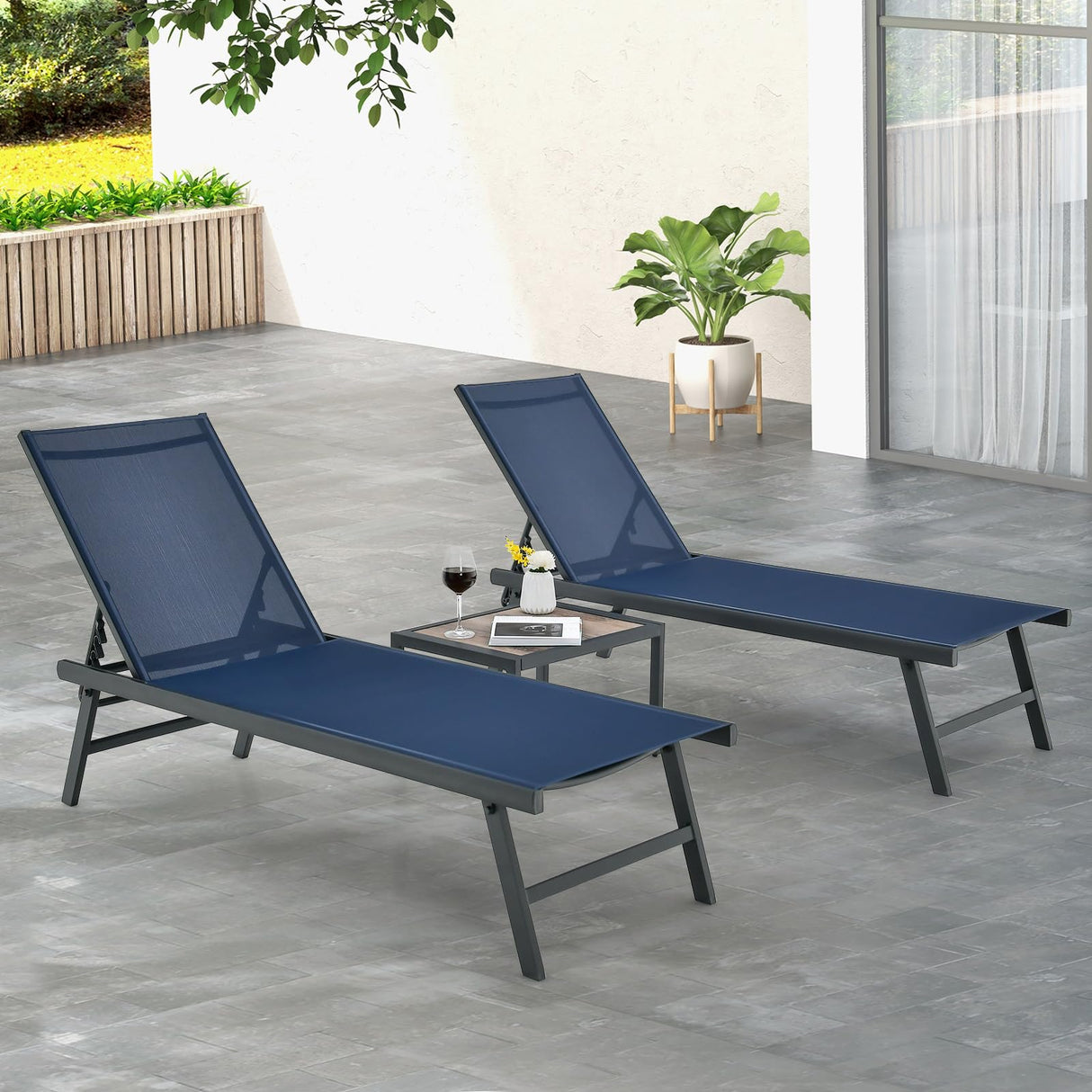 3 Piece Patio Chaise Lounge Set, Aluminum Patio Recliner with Coffee Table