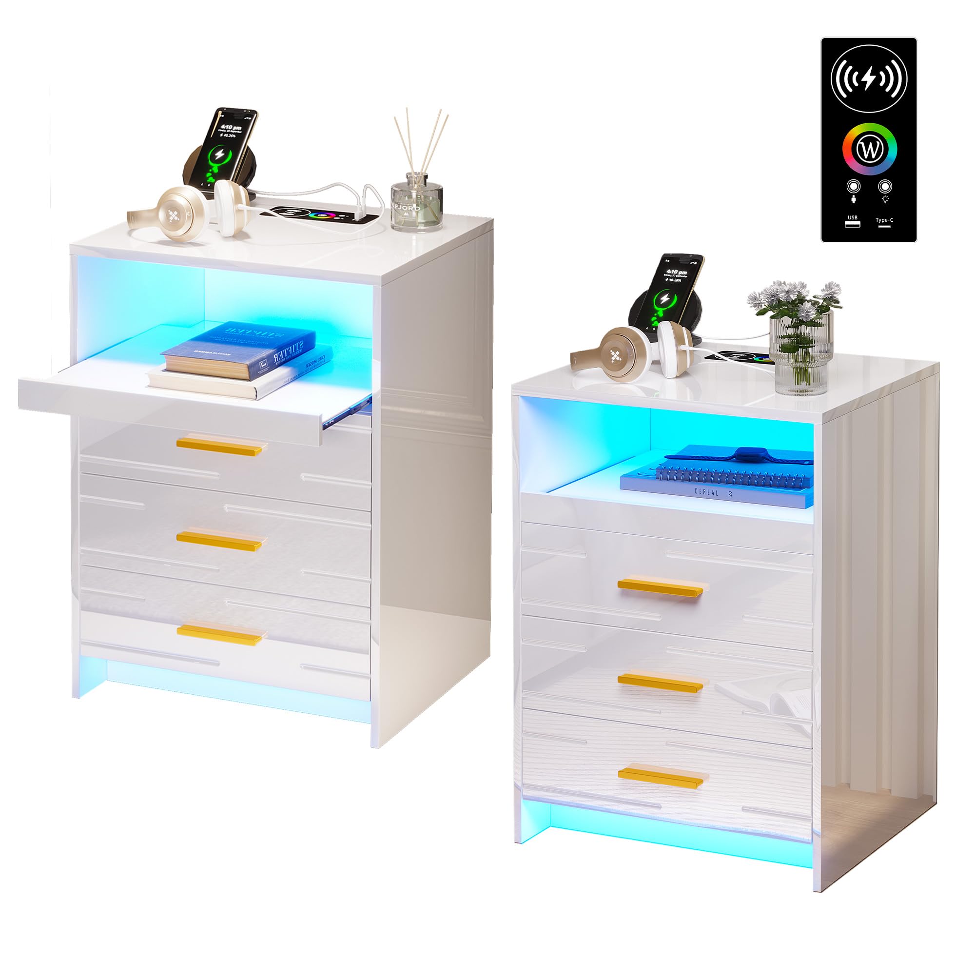 Nightstand Set of 2 with Wireless Charging Station