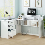 WhiteDesk 60W L-Shaped Office Desk with Storage Drawers & Power Outlet