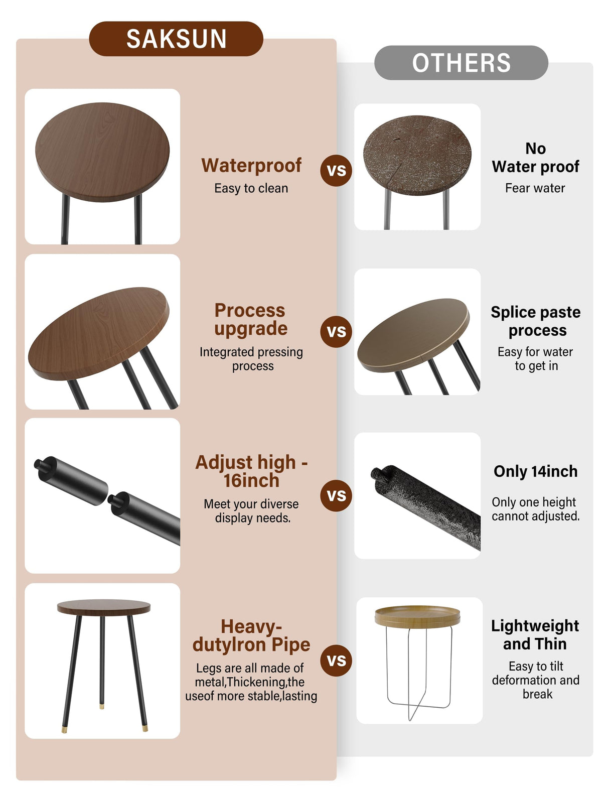 SAKSUN Indoor Plant Stand, Wood and Metal Plant Stand,16" Tall Plant Stand Tables, Corner Small Round Table, Mid Century Modern Plant Stands for Patio Garden Office Living Room Home Decor-Adjustable-2 Pack (Walnut)