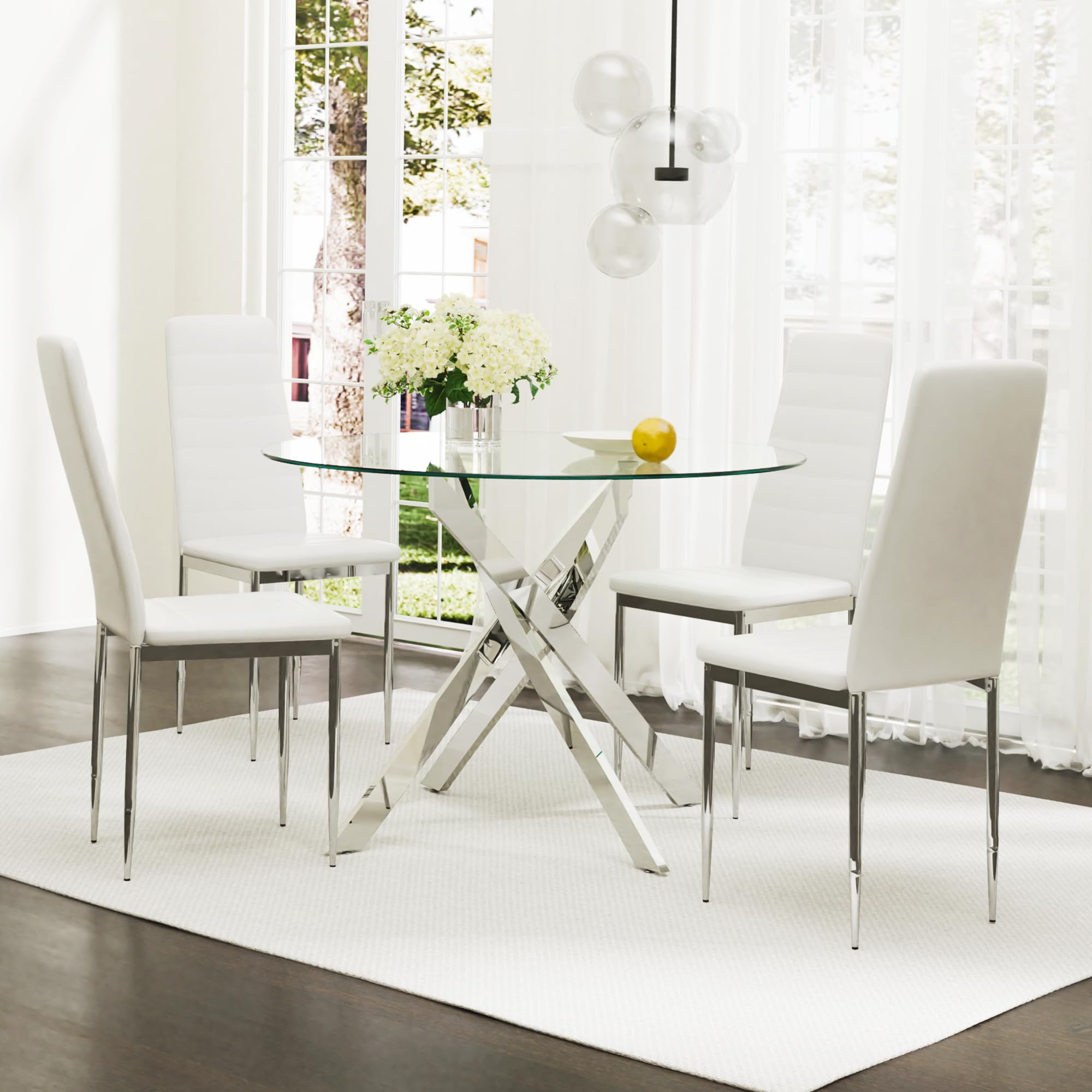 Glass Dining Table,Round Kitchen Table with Chromed Legs,35.3" Small Dining Table for Apartment