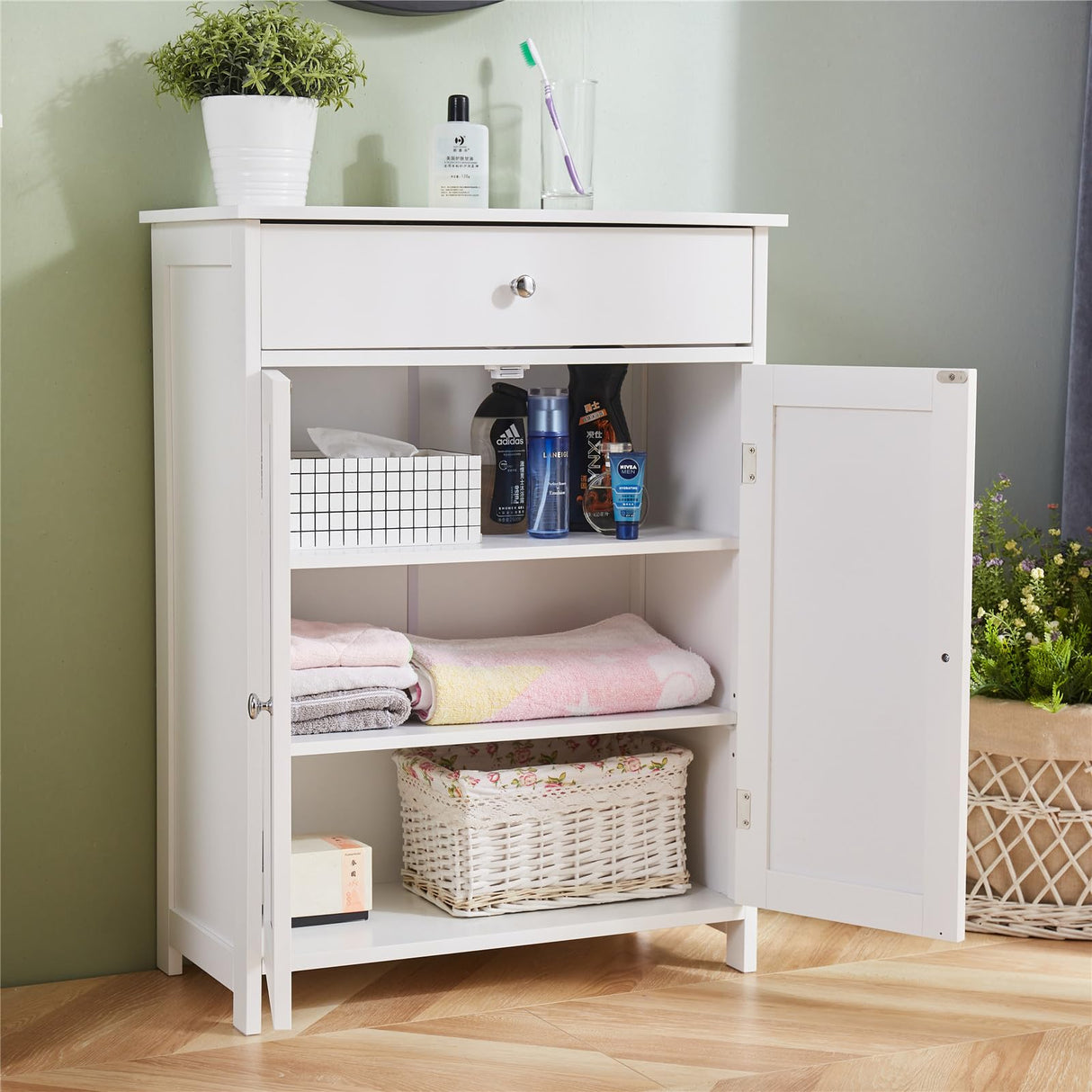 Storage Cabinet with Drawer,White Floor Bathroom Cabinets with Doors and Adjustable Shelf,