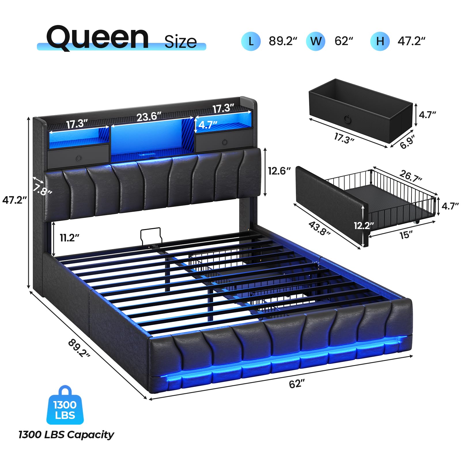 Queen Gaming Bed with RGB Lights & Storage