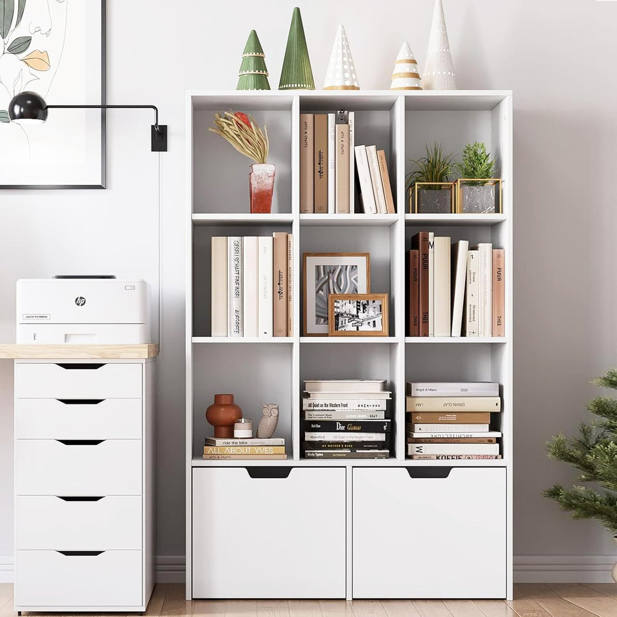 9 Cube Storage Organizer with Drawers, White Tall Bookshelf with Storage
