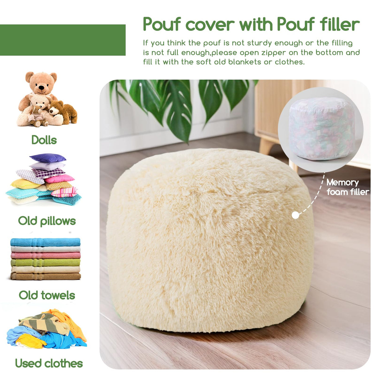 Round Stuffed Pouf Ottoman, Long Faux Fur Poufs with Foam Chunk Filling