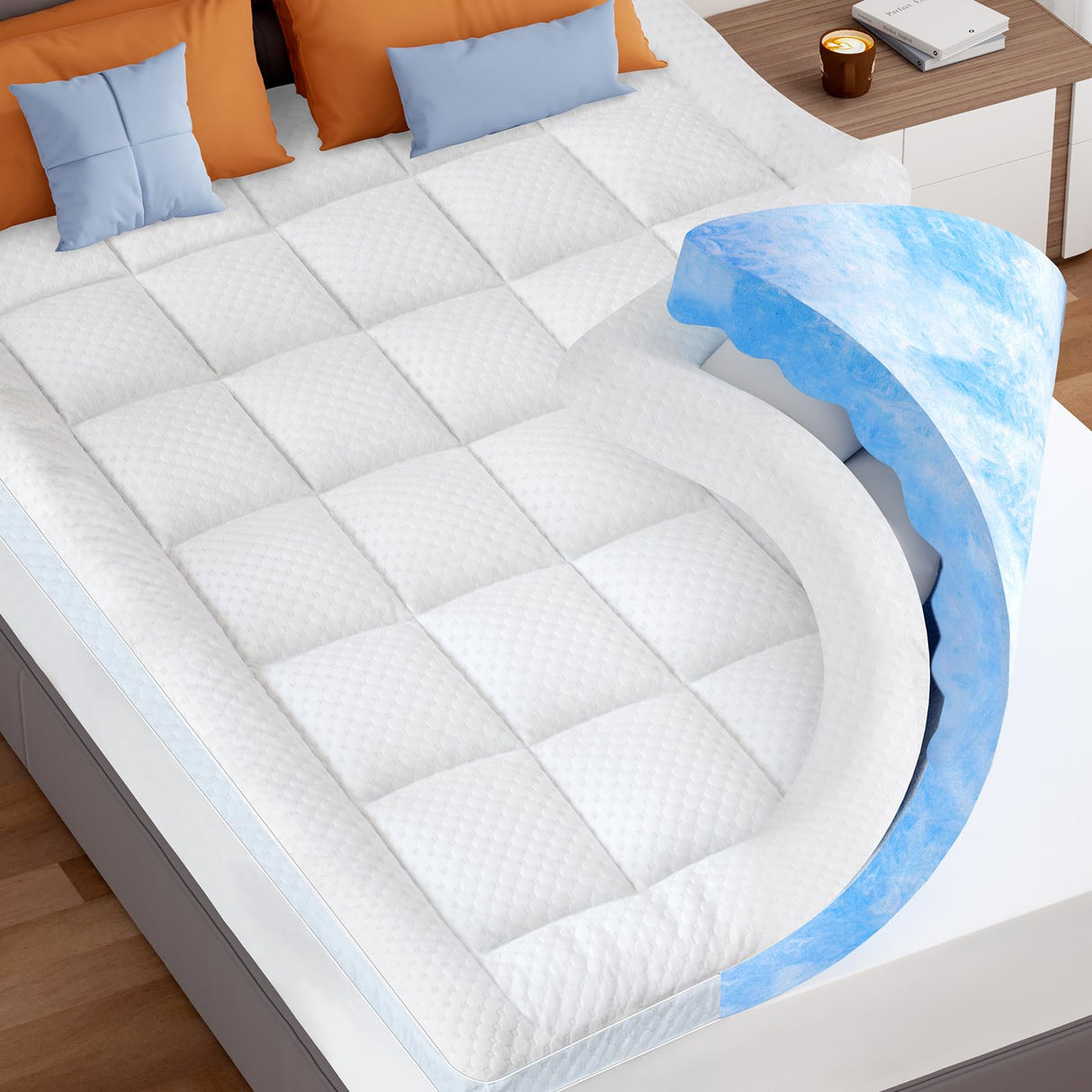 Dual Layer 3 Inch Memory Foam Mattress Topper Queen, 2 Inch Cooling 7-Zone Gel Memory Foam Plus