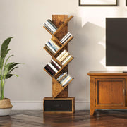 SUPERLELE 6 Shelf Bookshelf with Drawer, Retro Tree Bookcase Floor Standing Bookcase for CDs/Movies/Books, Utility Book Organizer Shelves for Bedroom, Living Room, Home Office